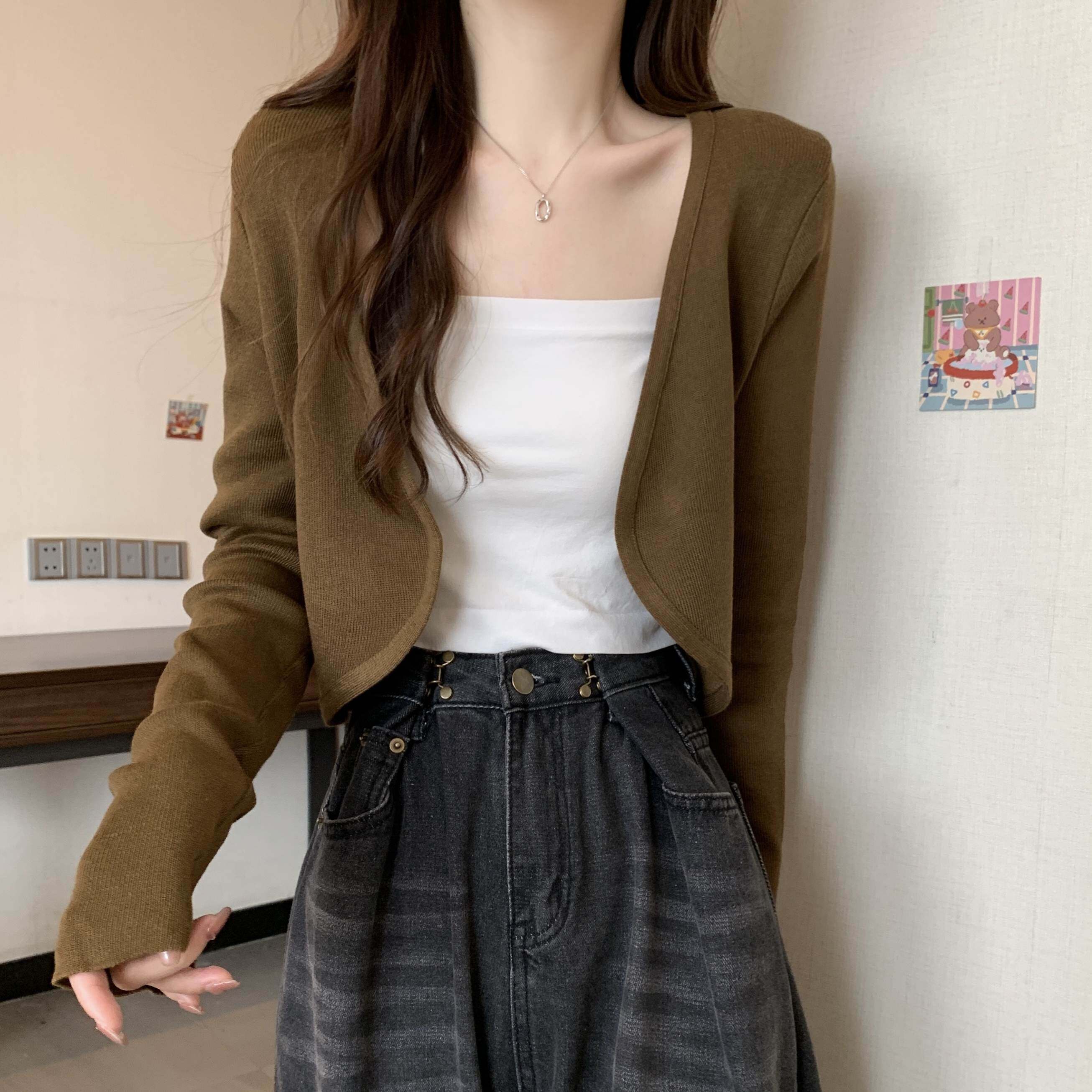 2023春秋法式洋气小个子开衫女夏装外搭短款披肩罩衫咖色长袖上衣