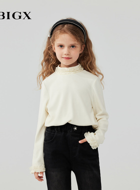 RBIGX瑞比克童装2025秋冬澳绒小高领打底衫木耳边长袖T恤百搭上衣