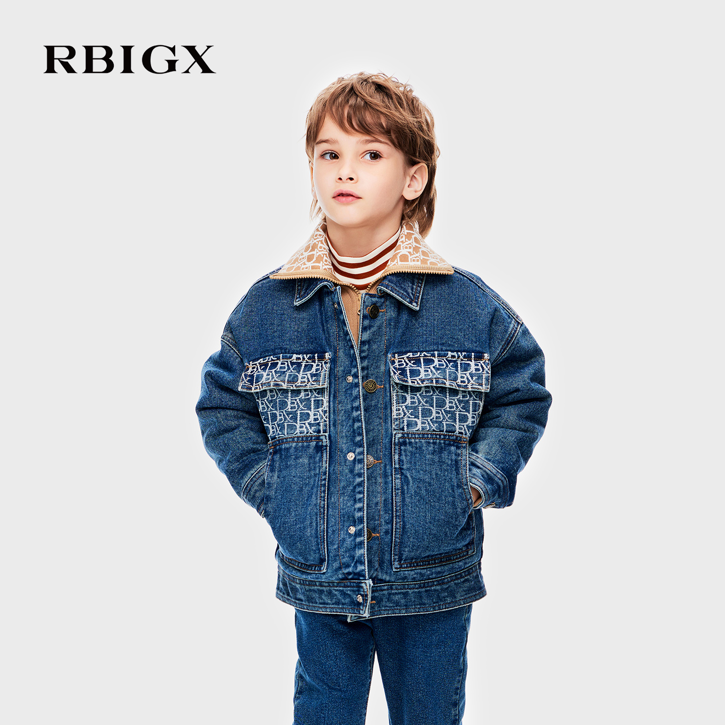 RBIGX瑞比克童装冬季宽松保暖设计感潮流男童口袋拔印牛仔外套