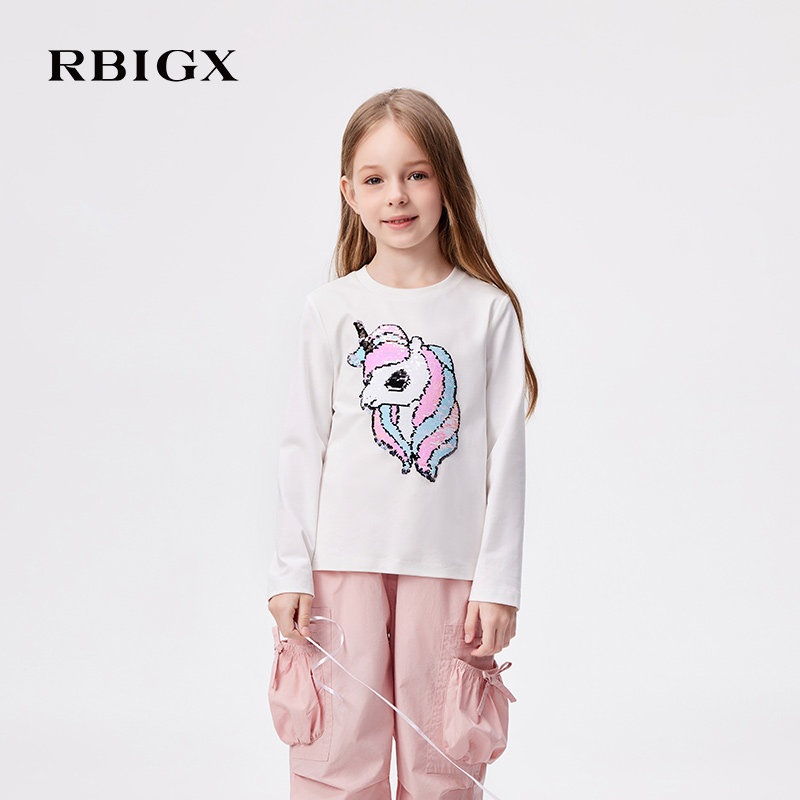 RBIGX瑞比克童装秋季新款女童长袖T恤白色独角兽卡通印花公主风