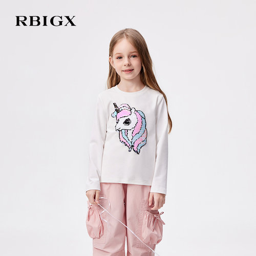 RBIGX瑞比克童装秋季新款女童长袖T恤白色独角兽卡通印花公主风