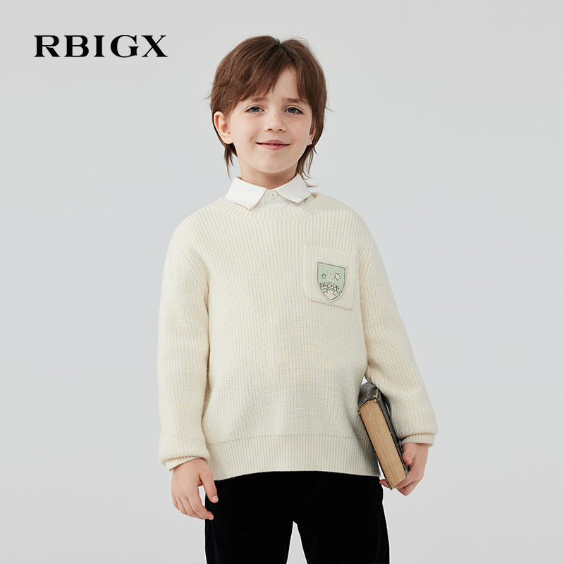 RBIGX瑞比克童装2025冬季新款圆领绣花标设计感套头毛衫羊毛衫