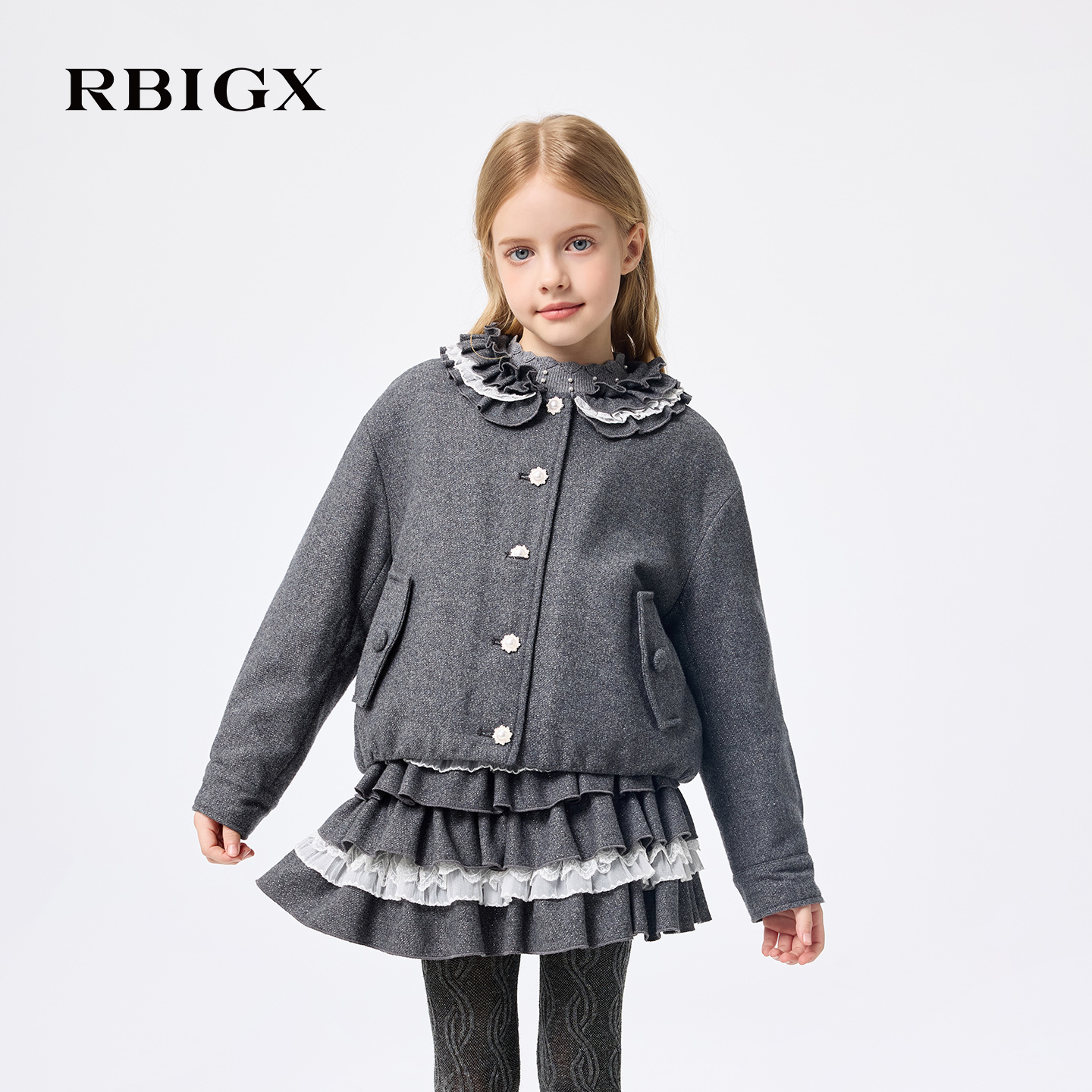 【商场同款】RBIGX瑞比克童装25冬季新款木耳边蕾丝翻领羊毛外套