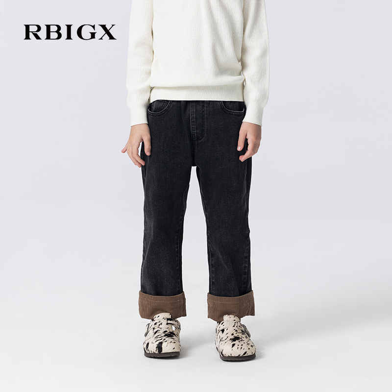 RBIGX瑞比克童装2025秋季新款潮流百搭儿童灯芯绒翻边复古牛仔裤