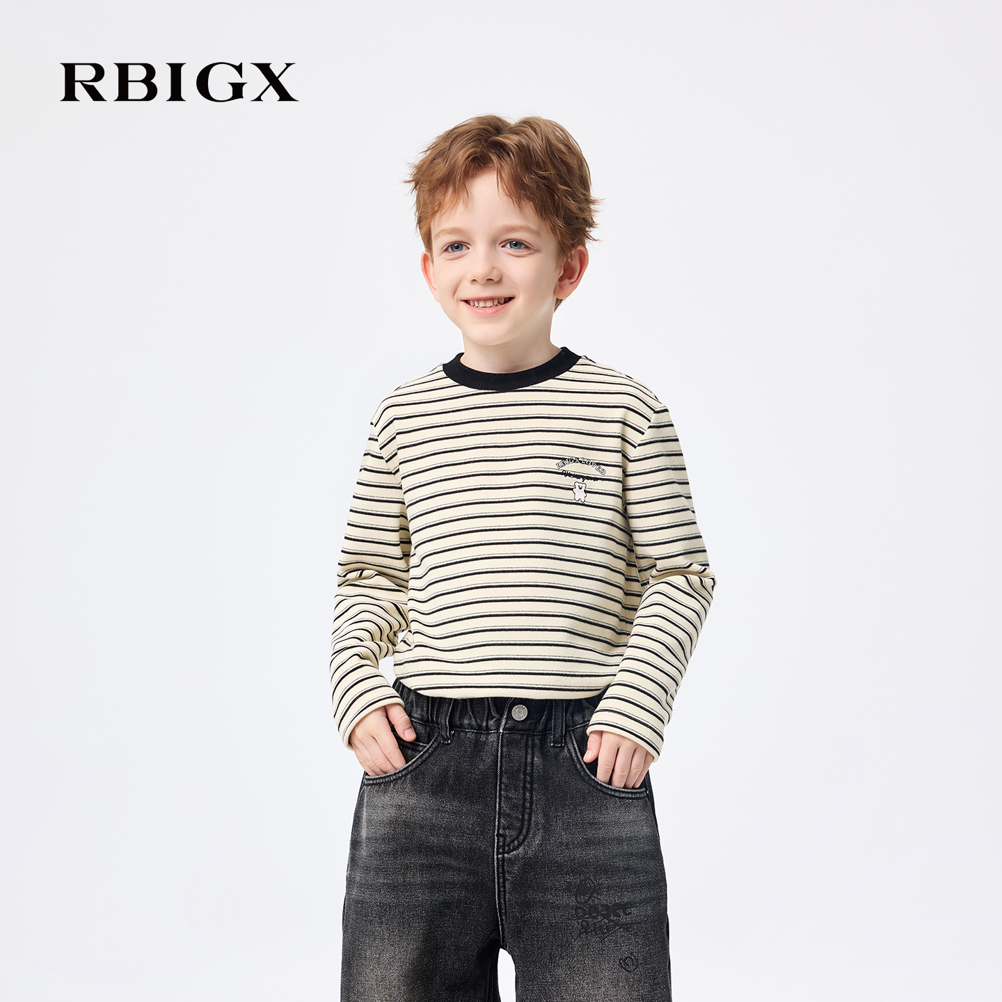 【商场同款】RBIGX瑞比克童装2025冬季新款条纹帅气百搭长袖t恤