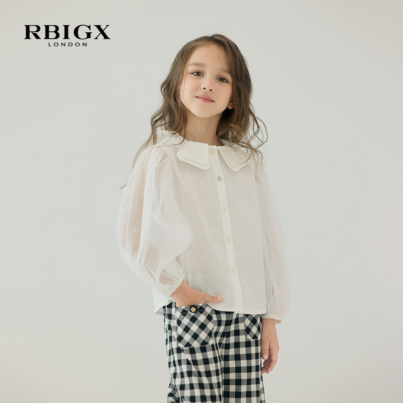 RBIGX瑞比克童装秋季新款女童甜美优雅设计感网纱泡泡袖衬衫