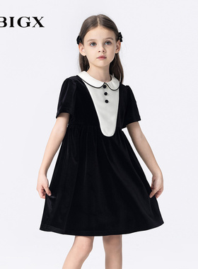 RBIGX瑞比克童装25秋季新款丝绒撞色短袖连衣裙生日公主裙礼服裙