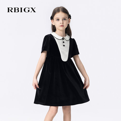 RBIGX丝绒撞色短袖连衣裙