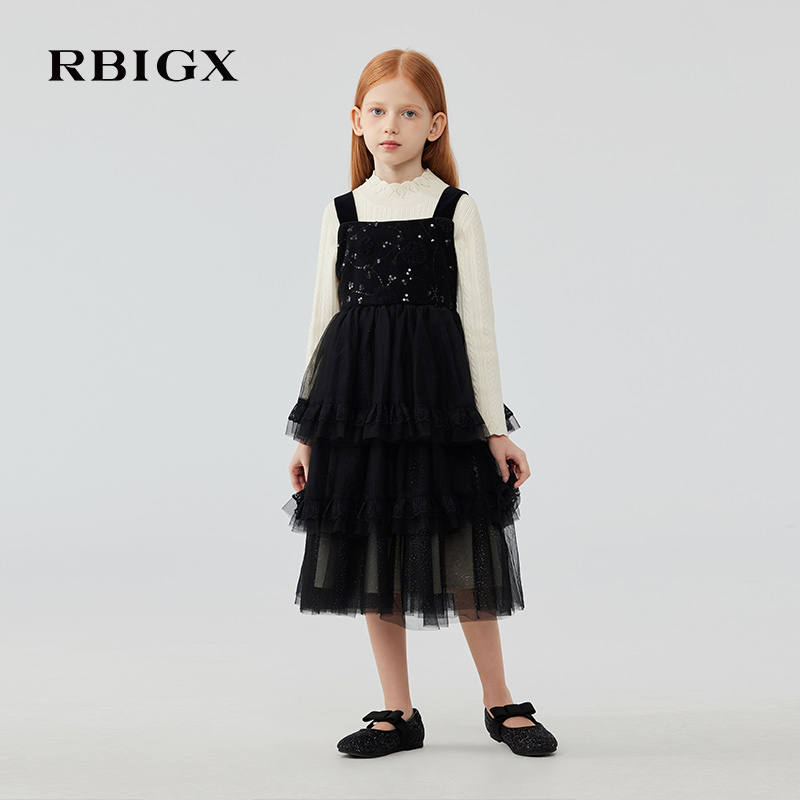 RBIGX瑞比克童装2025冬季新款纱复合平绒蕾丝蛋糕裙礼服连衣裙