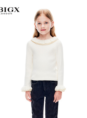RBIGX瑞比克童装冬季新款韩版荷叶领袖边针织衫公主毛衣