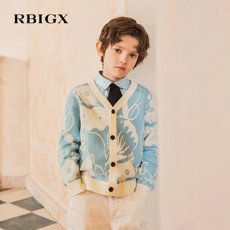 RBIGX瑞比克童装秋季新款男童毛衫帅气百搭休闲花朵图案开衫