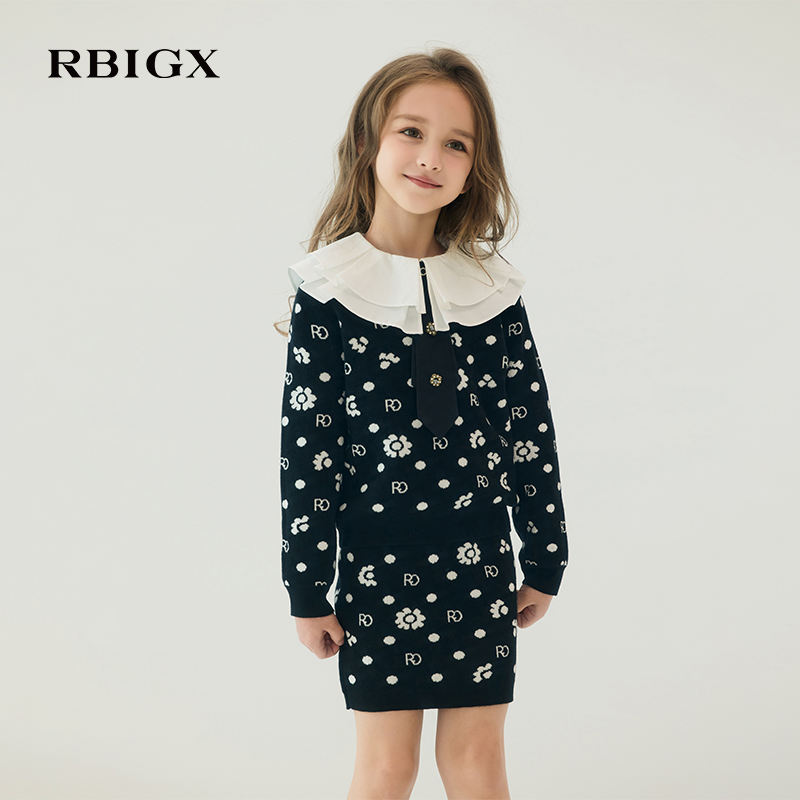 RBIGX瑞比克童装秋季新款满版花朵套头针织衫公主设计感毛衣