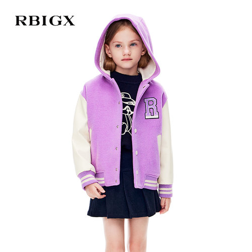 RBIGX瑞比克童装冬季新款洋气绣花拼接羊毛外套棒球服