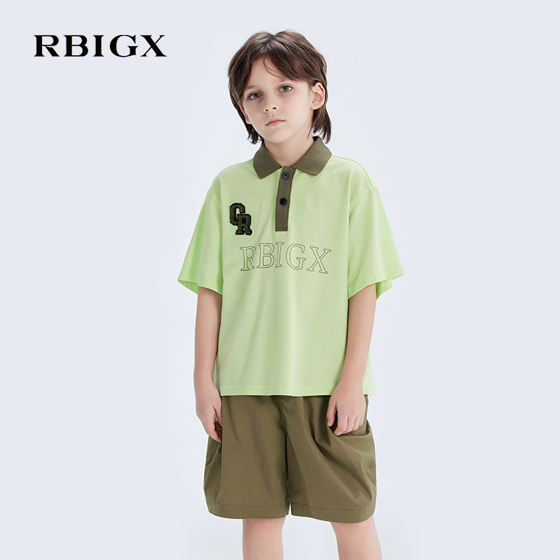 RBIGX瑞比克童装2025夏季新款撞色洋气印绣花短袖男童设计感t恤