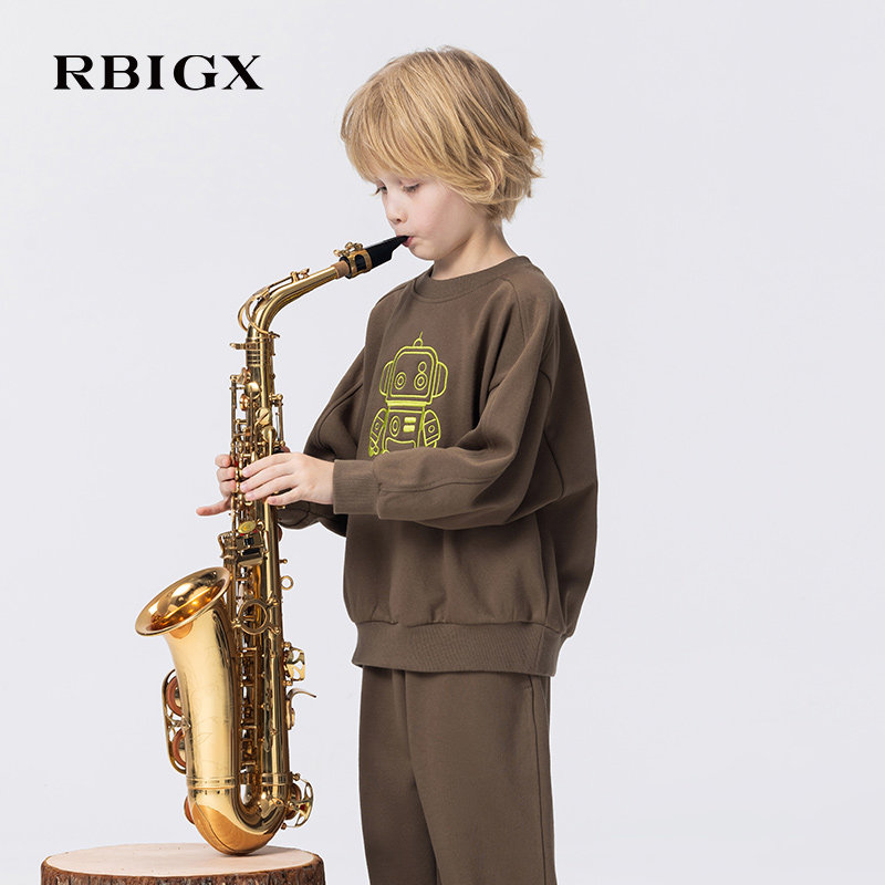 RBIGX瑞比克童装秋季新款宽松舒适机器人绣花咖色圆领卫衣