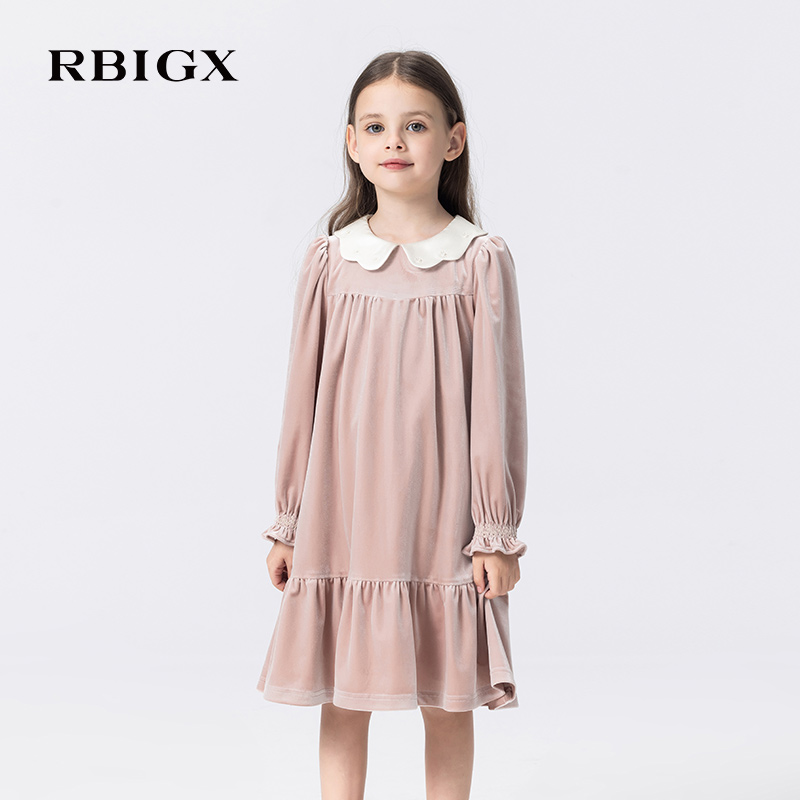 RBIGX瑞比克童装2025秋季新款丝绒公主法式花瓣领连衣裙礼服裙