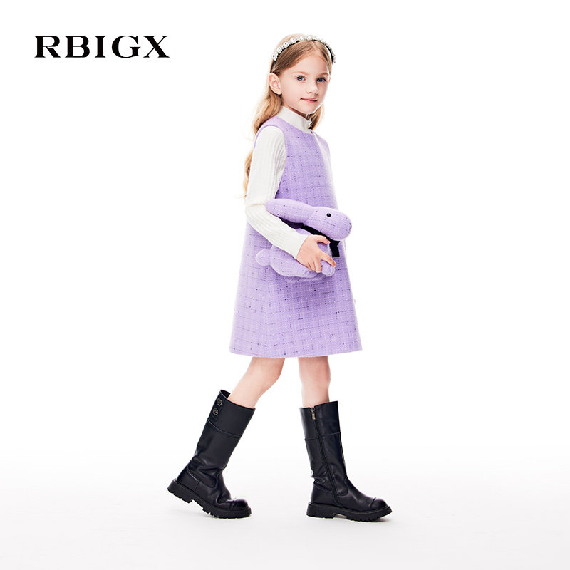 RBIGX瑞比克童装冬季新款紫色格纹羊毛保暖礼服连衣裙背心裙