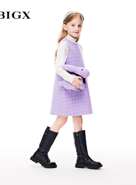 RBIGX瑞比克童装冬季新款紫色格纹羊毛保暖礼服连衣裙背心裙