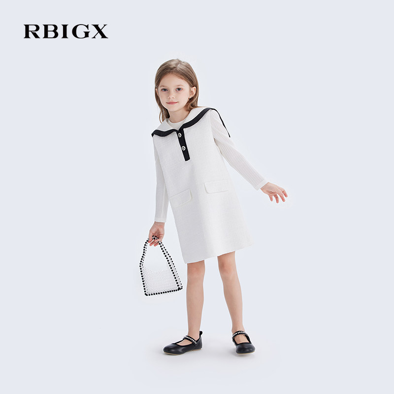 RBIGX瑞比克童装春季新款水手领撞色拼接女童小香风连衣裙