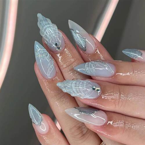 24pcs Blue Sea Shells Fake Nail Patch 3D Ocean Series Design
