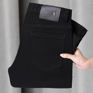欧洲站男装高端纯黑色牛仔裤男修身小脚秋冬季厚款弹力休闲长裤子