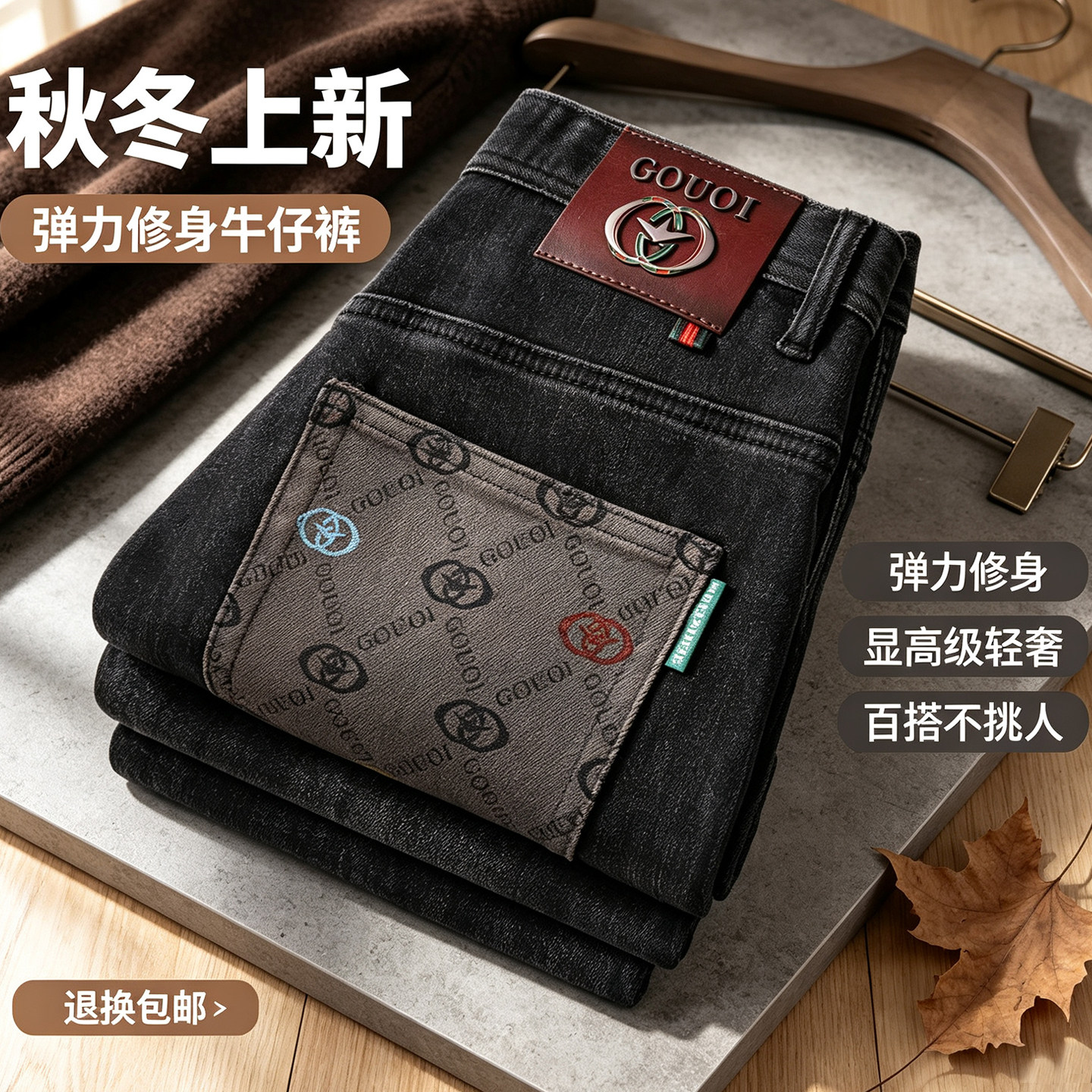 轻奢黑灰牛仔裤男】修身小直筒