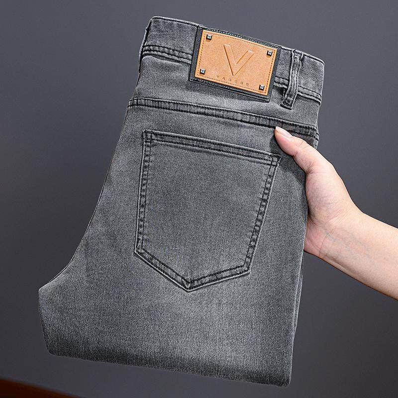 2025秋冬款意大利品牌灰色牛仔裤男士修身小脚高端弹力休闲裤子男