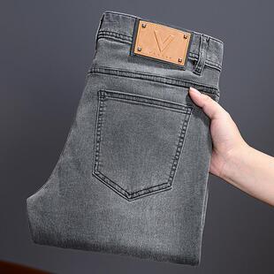 2025秋冬款意大利品牌灰色牛仔裤男士修身小脚高端弹力休闲裤子男