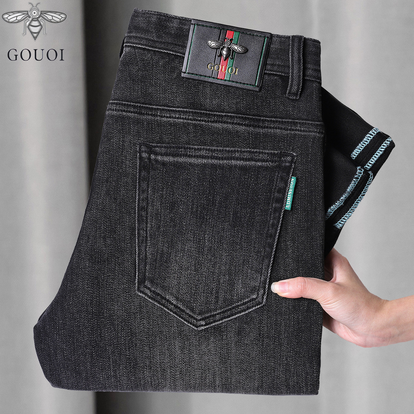 意大利高端黑灰色牛仔裤男专柜正品修身小直筒冬季弹力休闲长裤子