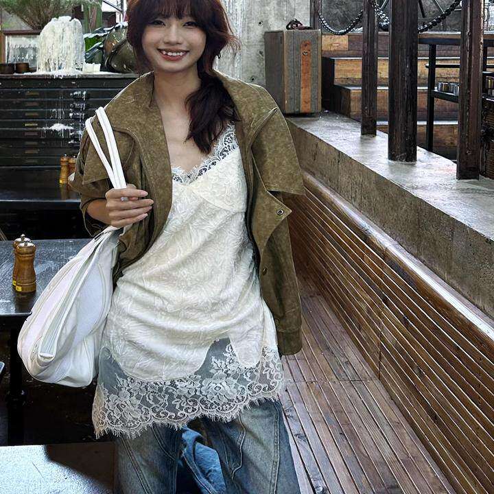 正确版】重工蕾丝拼接中长版吊带背心女秋季内搭显瘦上衣打底衫