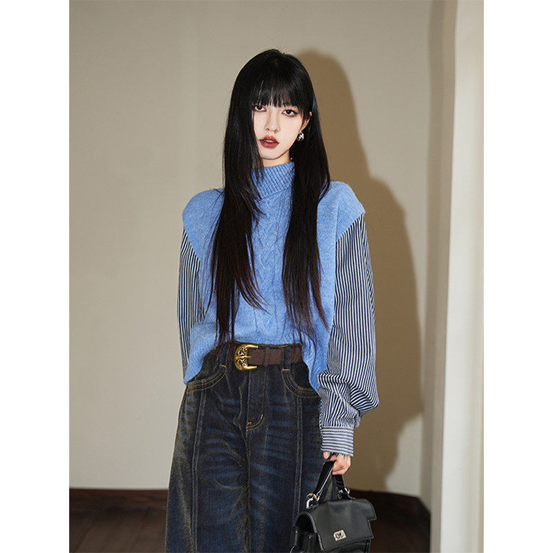 呆毛韩系拼接条纹衬衫翻领蓝色毛衣女秋冬宽松外穿假两件针织上衣