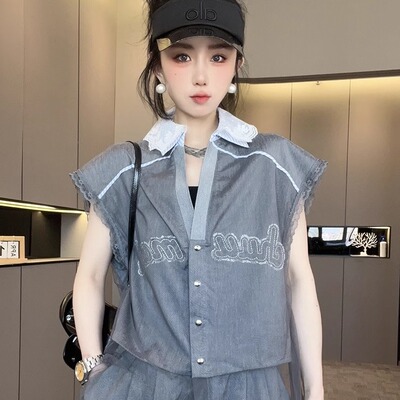 【现货】衬衫女2025夏季新款欧洲站网纱拼接字母单排扣翻领上衣