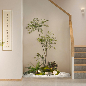 森空间楼梯下造景角落南天竹装饰彷真花假花绿植植物景观软装摆件