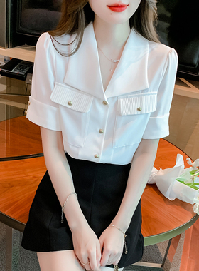 法式感轻熟小众白色衬衫女夏款薄款时尚通勤百搭短袖上衣爆0522k