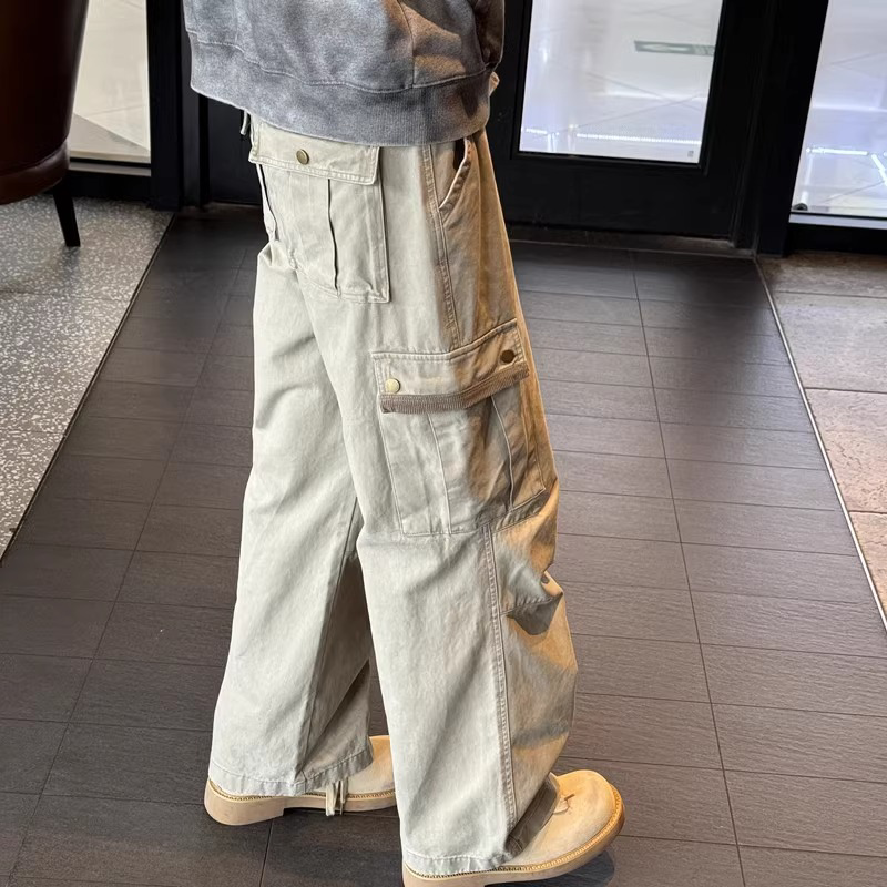 卡其色复古休闲裤男夏季美式高街hiphop工装长裤宽松薄款直筒裤子