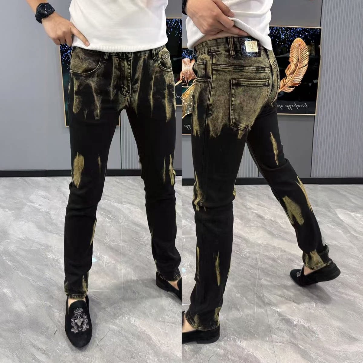 男士牛仔裤新款男裤子时尚扎染牛仔裤男士潮流个性小脚长裤子男生