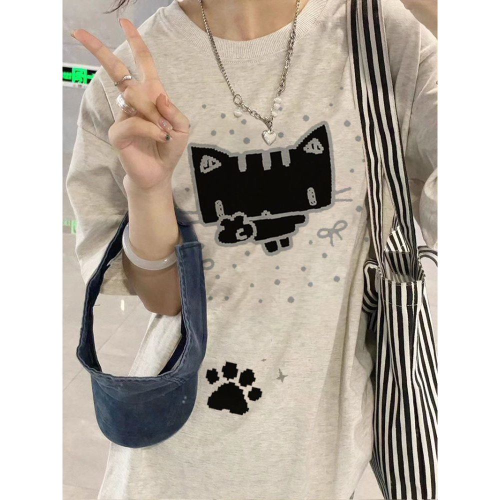 美式BF风搞怪小猫精梳棉搭白灰色短袖T恤女2026夏季新款宽松上衣
