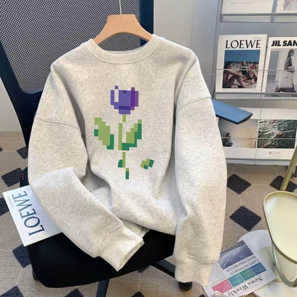 美式复古简约像素玫瑰印花秋冬季圆领无帽加绒加厚卫衣男女生