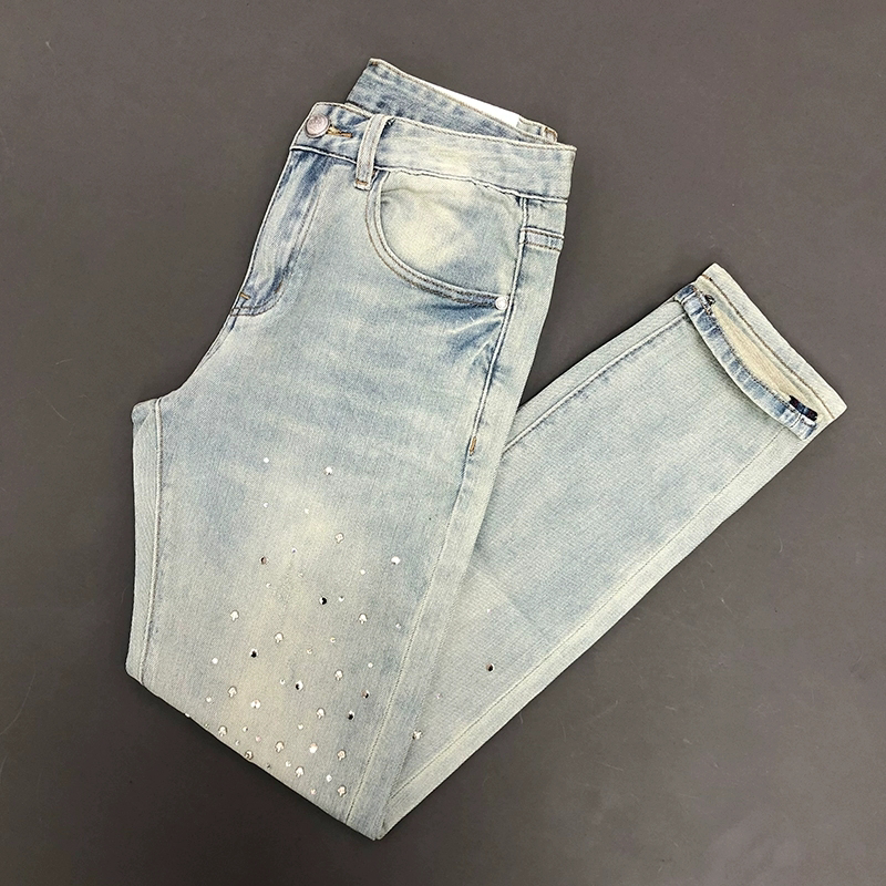 轻奢烫钻浅色牛仔裤男修身弹力小直筒裤子弹力显瘦百搭修身牛仔裤