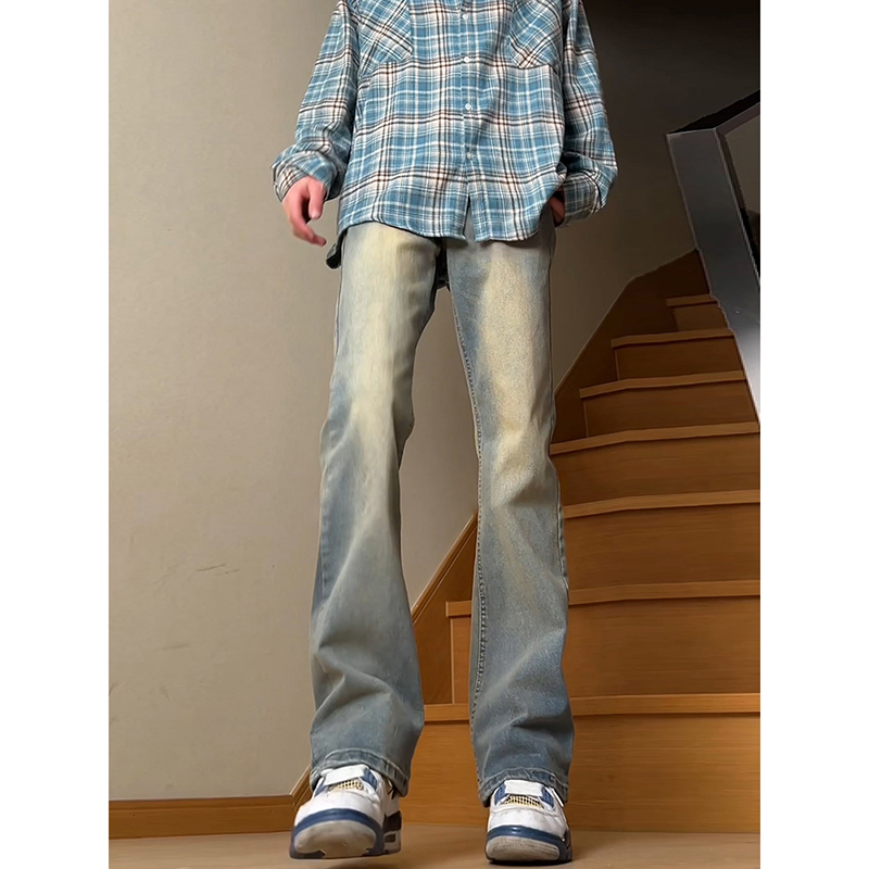 cleanfit弯刀牛仔裤男款夏季修身美式ootd裤子高街vibe直筒微喇裤