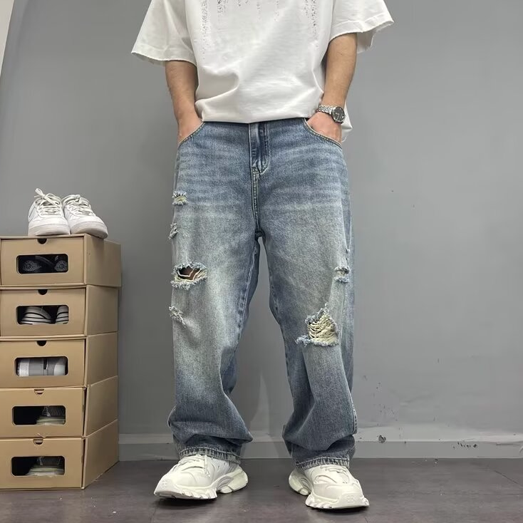 美式街头嘻哈痞帅破洞牛仔裤男宽松直筒裤高街风长裤个性阔腿裤潮