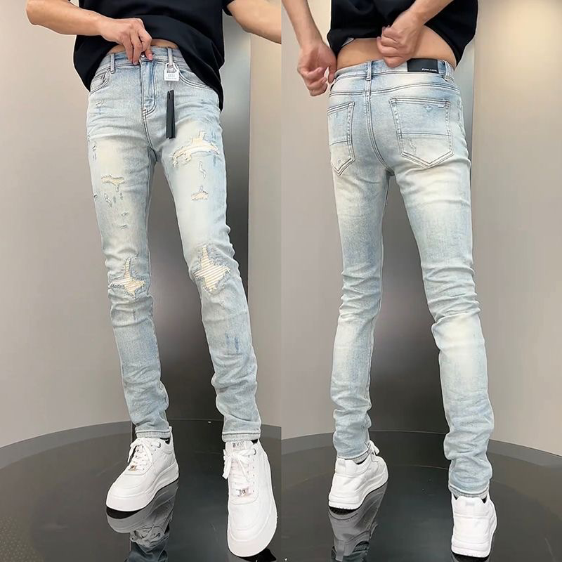 夏季新款蓝色修身弹力牛仔裤男潮流网红休闲裤百搭破洞青年小脚裤