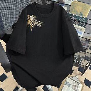 国风竹子印花短袖T桖男夏季新中式宽松休闲五分袖百搭半袖上衣服