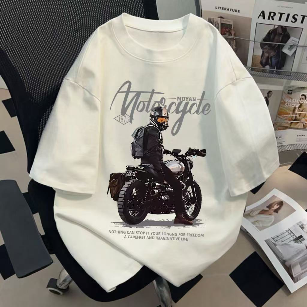 美式重磅纯棉短袖T恤男士夏季潮牌ins个性摩托车印花圆领修身体恤