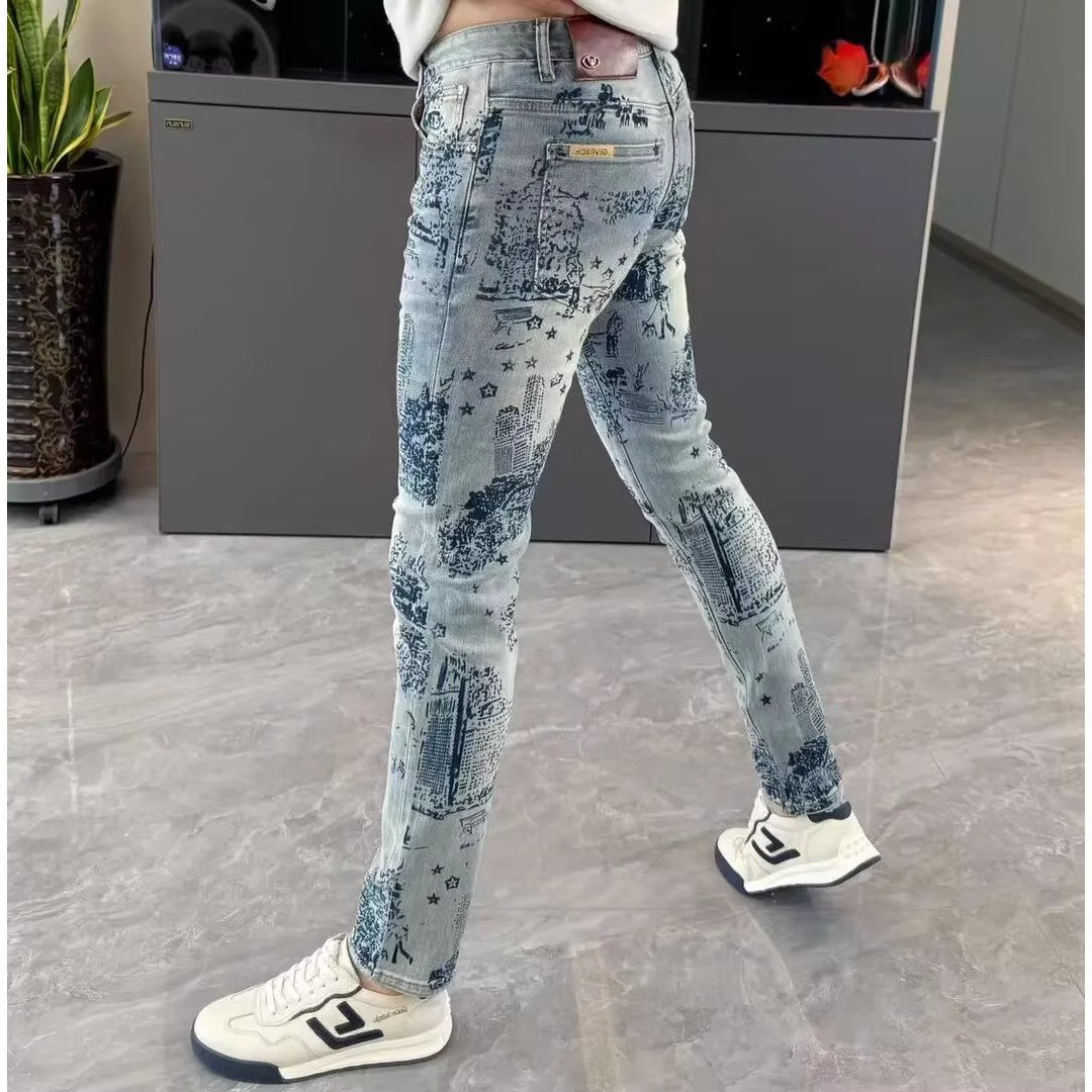 牛仔裤时尚潮流印花男士长裤修身显瘦百搭小脚裤个性韩版高端男裤