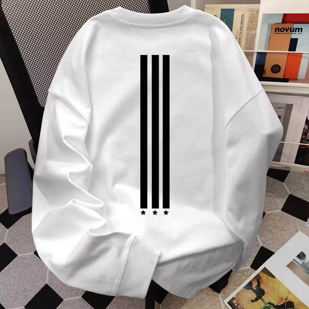 美式潮牌复古条纹印花圆领长袖上衣冬季加绒加厚休闲保暖无帽卫衣