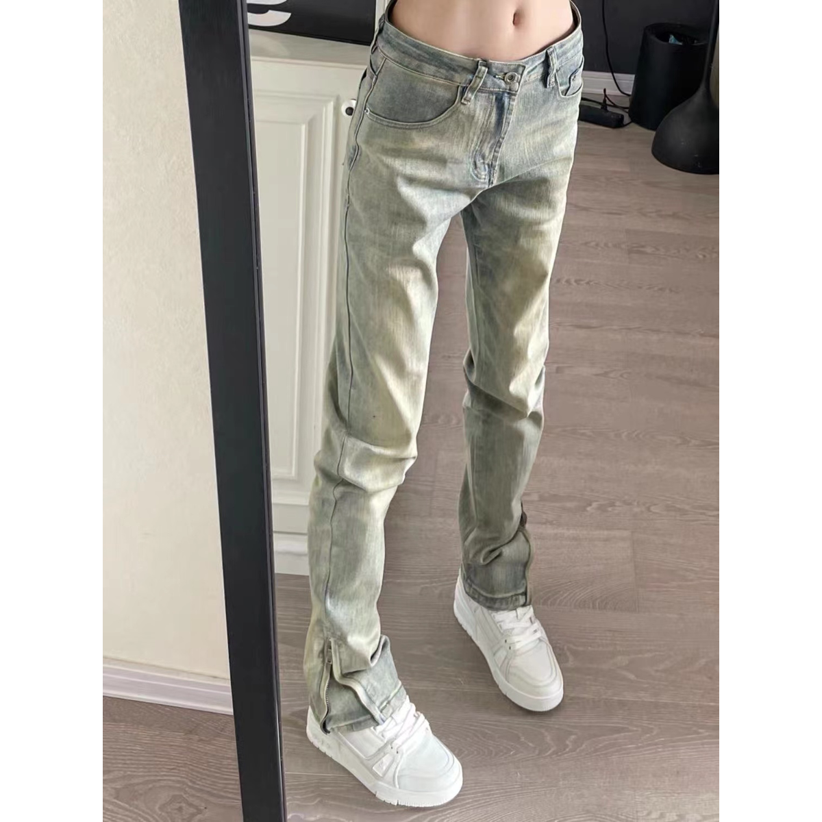 美式高街侧拉链牛仔裤男女潮牌vibe风修身小脚显瘦直筒裤