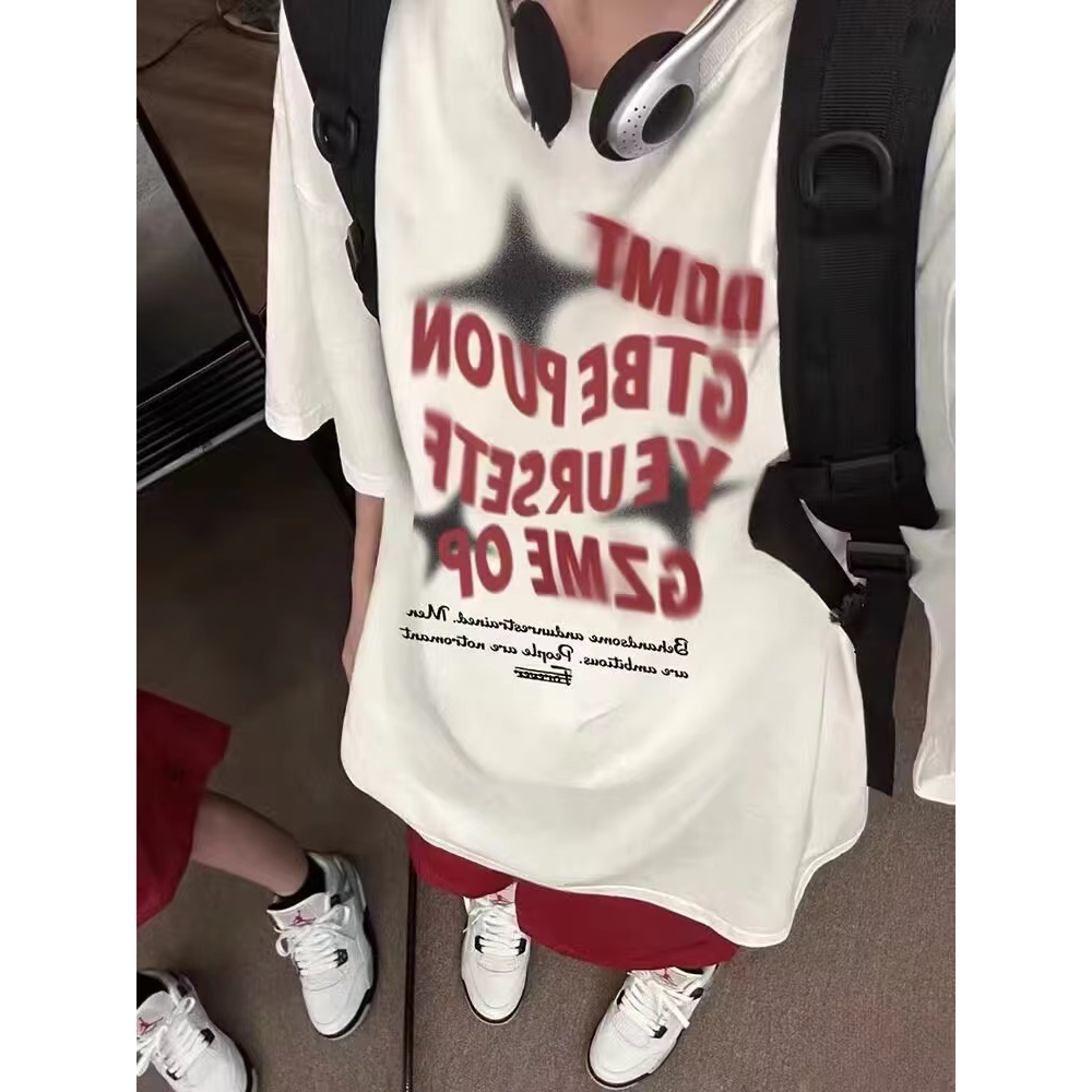 美式复古白色短袖t恤女款夏季oversize宽松纯棉半袖情侣装上衣