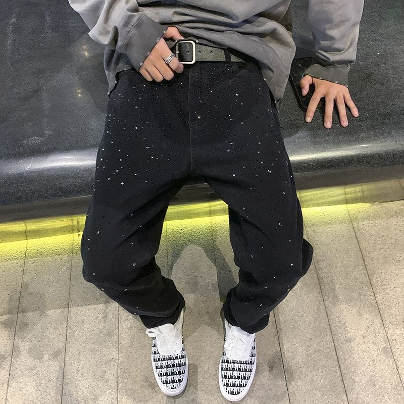 美式流行新款男士烫钻个性牛仔裤春秋常规款百搭直筒宽松百搭长裤