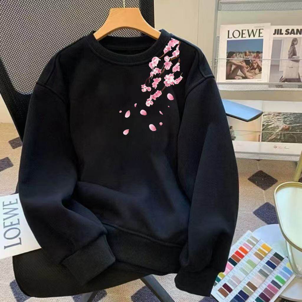 秋冬季美式花卉印花情侣卫衣重磅宽松加绒加厚圆领无帽卫衣